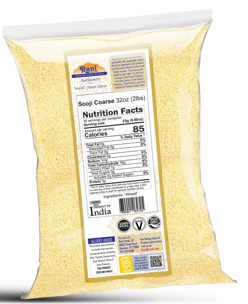 Rani Sooji Coarse (Farina, Suji, Rava, Rawa, Wheat Semolina) Flour, 32oz (2lbs) 908g ~ All Natural | Vegan | NON-GMO | Kosher | Indian Origin