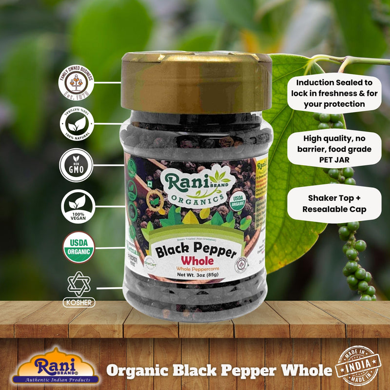 Rani Organic Black Pepper Whole (Peppercorns), Premium Bold Tellicherry Quality 3oz (85g) PET Jar ~ All Natural | Gluten Friendly | Non-GMO | USDA Certified Organic | Kosher | Product of Vietnam