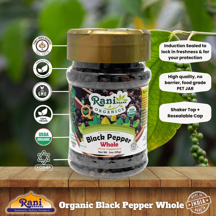 Rani Organic Black Pepper Whole (Peppercorns), Premium MG-1 Grade 3oz (85g) PET Jar ~ All Natural | Gluten Friendly | Non-GMO | USDA Certified Organic | Kosher | Product of Vietnam