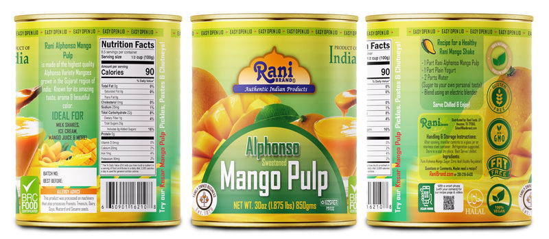 Rani Mango Pulp Puree (Makes Mango Lassi Shakes) Alphonso Sweetened 30oz (1.875lbs) 850g Pack of 2 ~ Kosher | All Natural | NON-GMO | Vegan | No colors | Gluten Friendly | Indian Origin