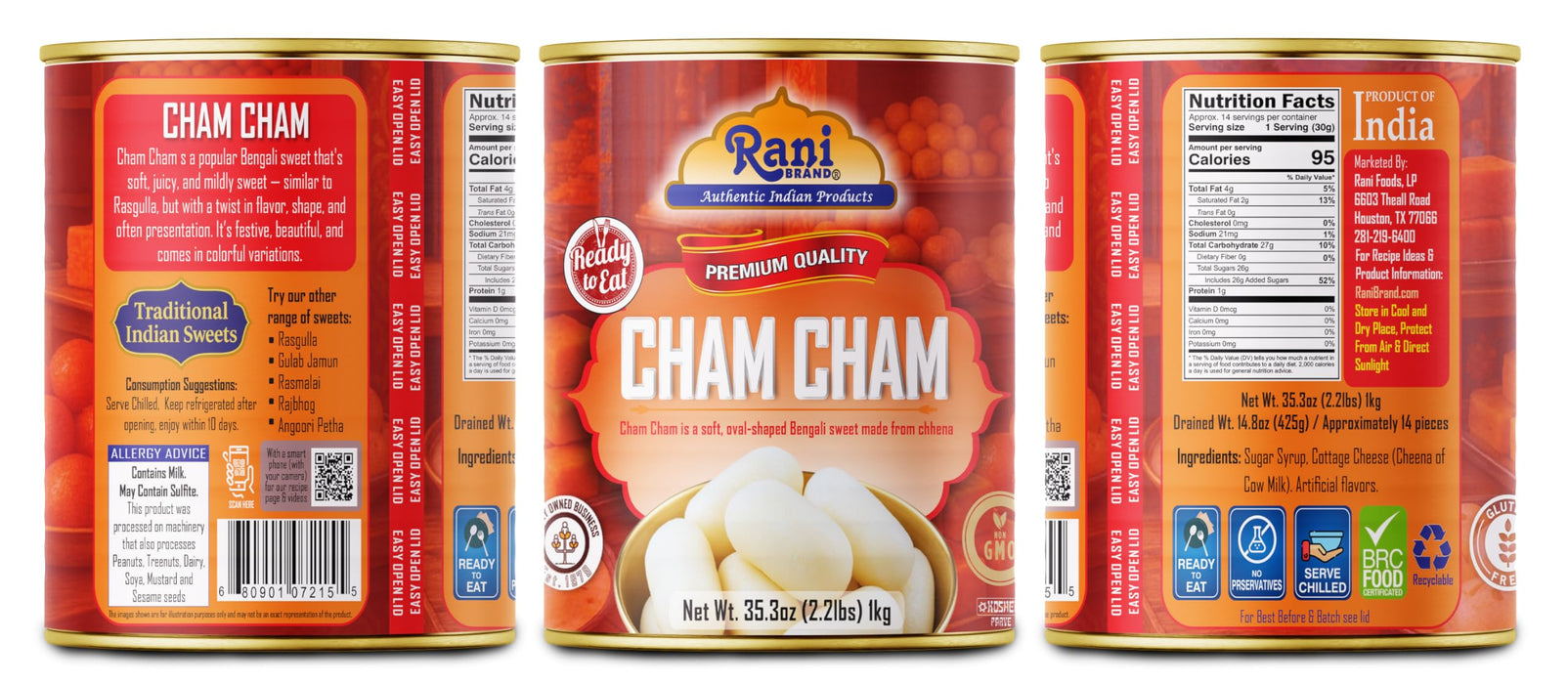 Rani Cham Cham (Oval-shaped Bengali Sweet) 35.3oz (2.2lbs) 1kg, Approximately 14 pieces, Easy Open Lid ~ Ready to eat | Gluten Free | Non-GMO | Kosher | Indian Origin