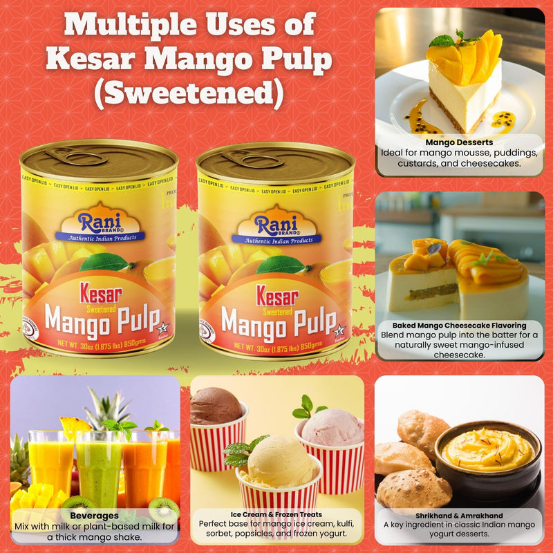 Rani Mango Pulp Puree (Kesar Sweetened) 30oz (1.875lbs) 850g Pack of 2 ~ Kosher | All Natural | NON-GMO | Vegan | No colors | Gluten Friendly