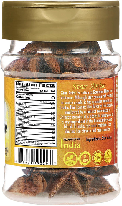 Rani Star Anise Seeds, Whole Pods (Badian Khatai) Spice 1.25oz (35g) PET Jar ~ All Natural | Gluten Friendly | Kosher | Vegan | Whole Chinese Anise Star Sun Dried Spice, Anis Estrella / Illicium Verum, Widely Used for Baking, Drinks, Cooking, and Tea
