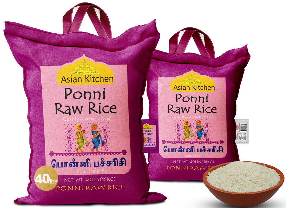 Asian Kitchen Ponni Raw Rice 40-Pound Bag, 40lbs (18.14kg) Short Grain Rice ~ All Natural | Gluten Friendly | Vegan | Indian Origin | Export Quality