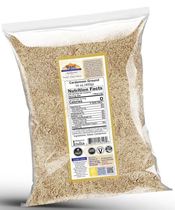 Rani Cardamom (Elachi) Ground, Powder Indian Spice 14oz (400g) ~ All Natural | No Color Added | Gluten Friendly | Vegan | NON-GMO | Kosher | No Salt or Fillers
