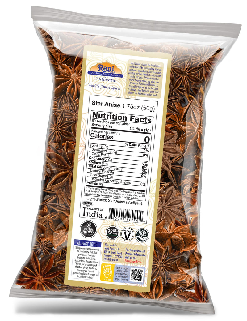 Rani Star Anise Seeds, Whole Pods (Badian Khatai) Spice 1.75oz (50g) ~ All Natural | Gluten Friendly | Kosher | Vegan | Whole Chinese Anise Star Sun Dried Spice, Anis Estrella / Illicium Verum, Widely Used for Baking, Drinks, Cooking, and Tea