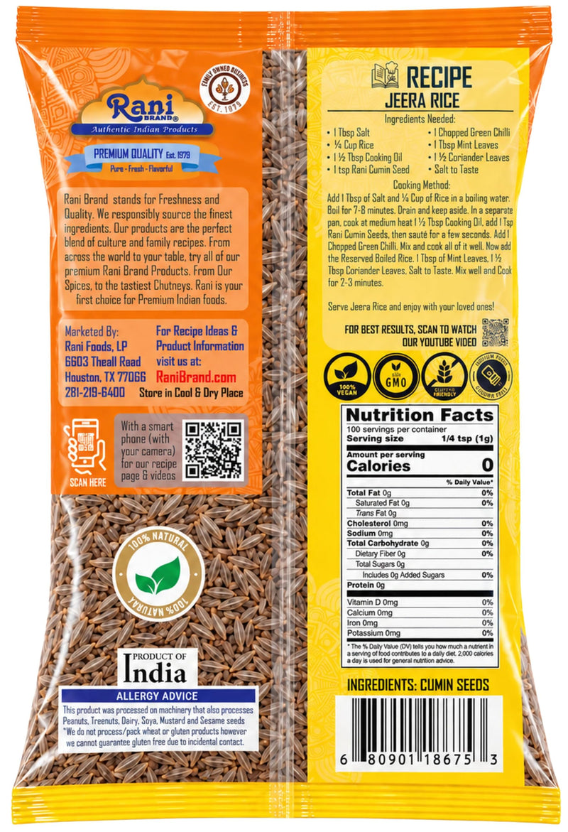 Rani Cumin Seeds Whole (Jeera) Spice 3.5oz (100g) ~ All Natural | Gluten Friendly | NON-GMO | Kosher | Vegan | Indian Origin