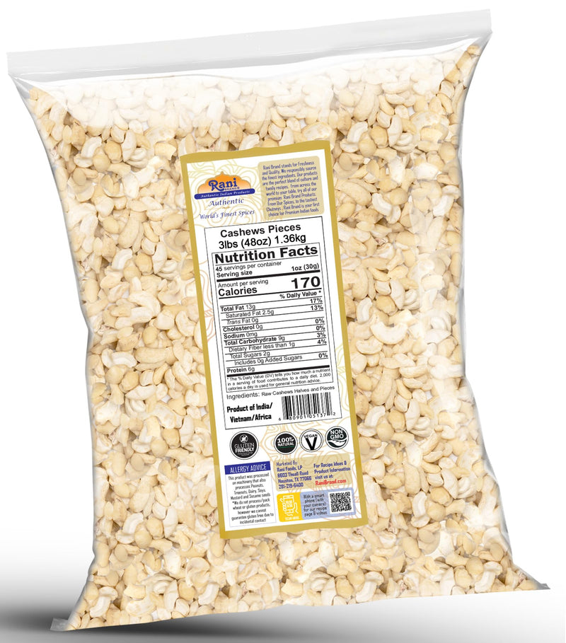 Rani Raw Cashews Halves and Pieces (uncooked, unsalted) 48oz (3lbs) 1.36kg Bulk ~ All Natural, No Preservatives | Vegan | NON-GMO | Kosher | Gluten Friendly