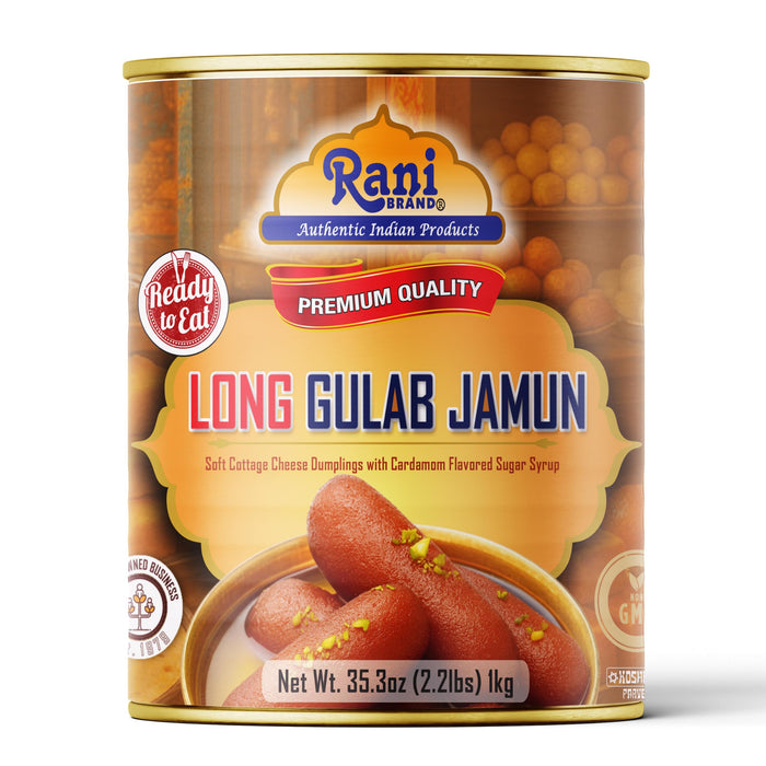 Rani Gulab Jamun Long (w/ Cardamom Flavored Sugar Syrup) 35.3oz (2.2lbs) 1kg, Approximately 14 pieces, Easy Open Lid ~ Ready to eat | Vegan | Non-GMO | Kosher | Indian Origin