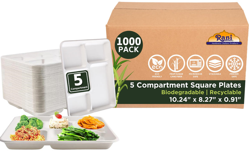 Rani 5 Compartment Round Biodegradable Divided Plates, Pack of 1000 ~ Party, Thali, Buffet | Disposable & Eco-Friendly | Heavy-Duty Sturdy Paper Bagasse | Premium Quality | 10" Diameter, 1.38" Height