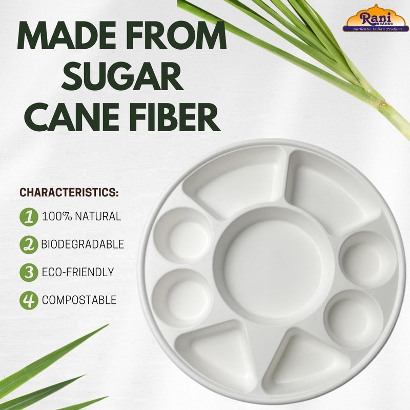 Rani Round Biodegradable Divided Plates, Pack of 200, 9 Compartments ~ Disposable & Eco-Friendly | 12.44" Diameter, 1.38" Thickness | Heavy-Duty and Sturdy Disposable Bagasse Plates | Premium Quality