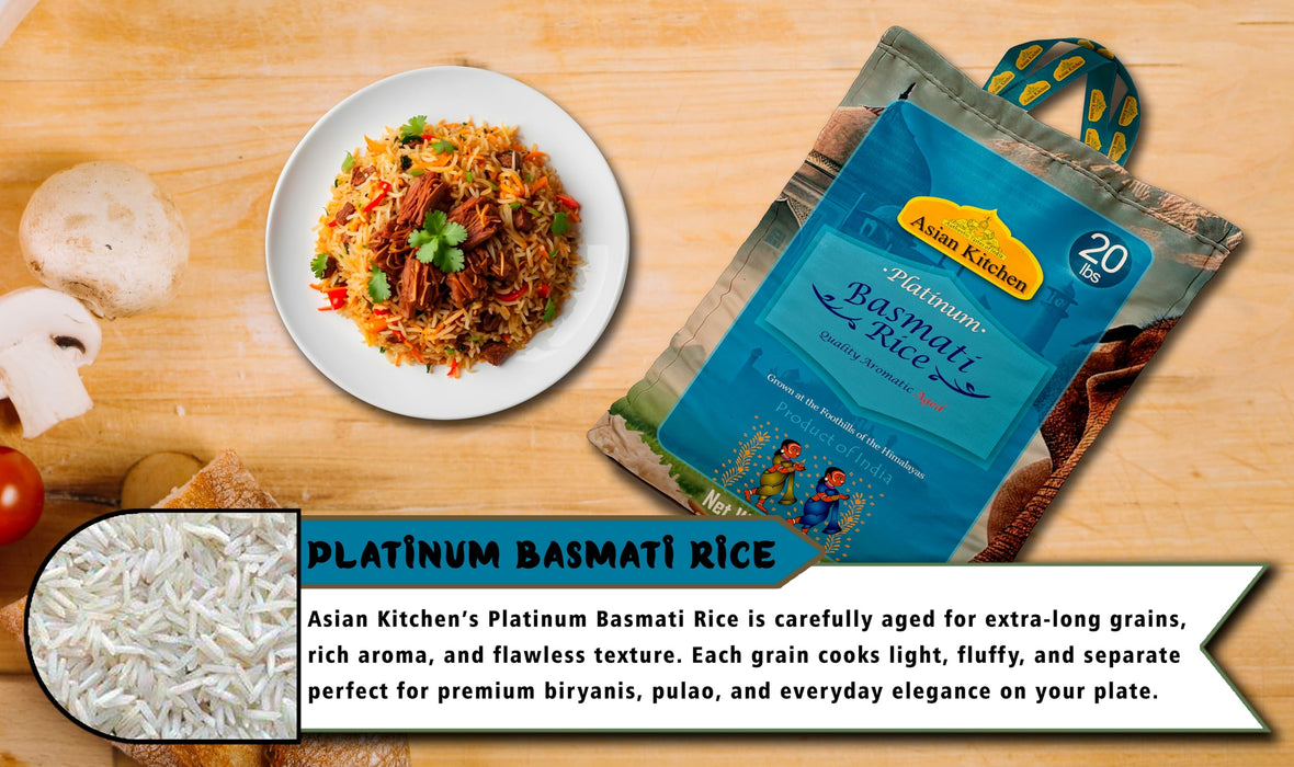Asian Kitchen Platinum White Basmati Rice Extra Long Aged 20lbs (9.08kg) ~ All Natural | Gluten Friendly | Vegan | Indian Origin | Export Quality
