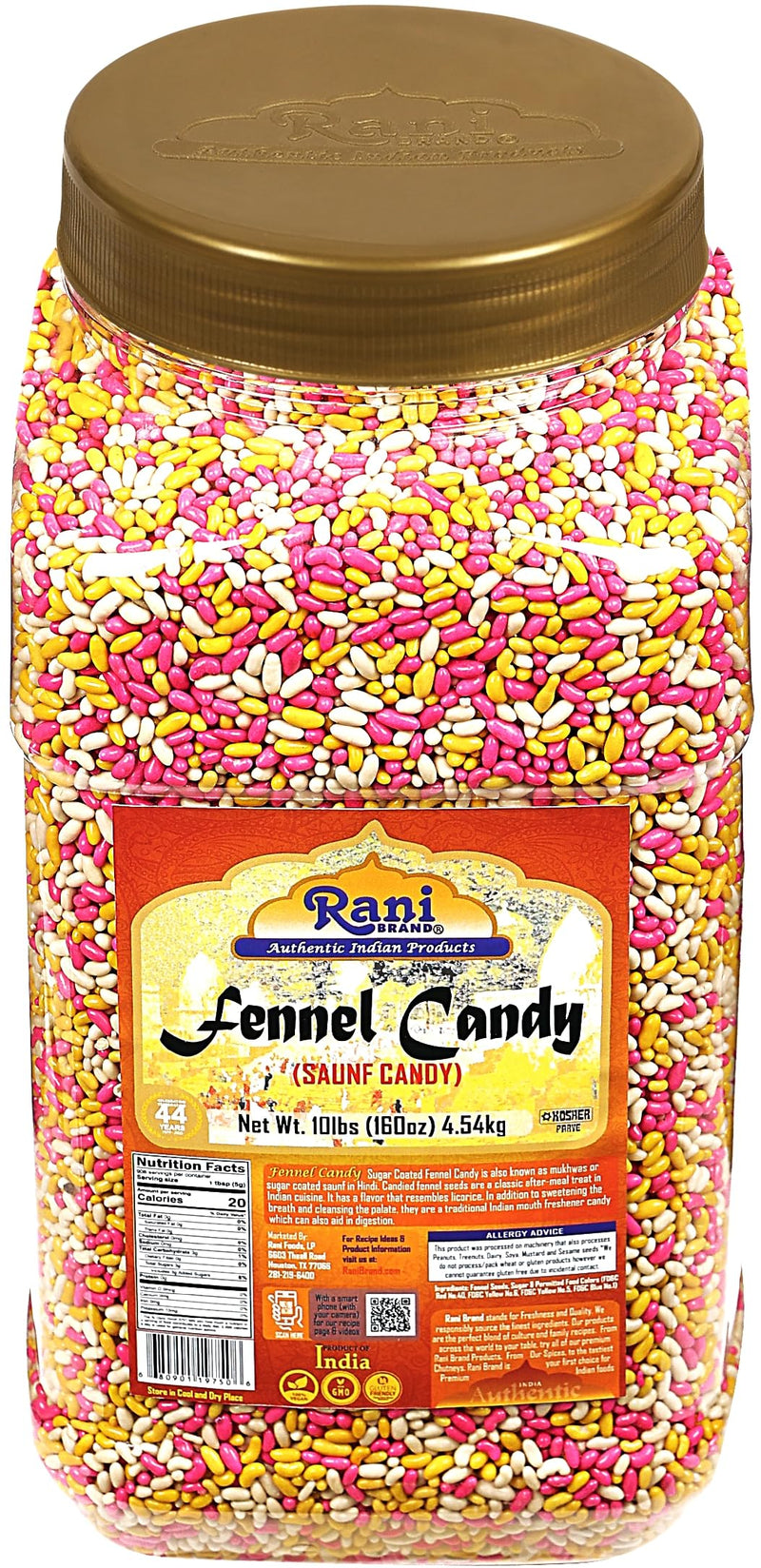 Rani Sugar Coated Fennel Candy 160oz (10lbs) 4.54kg Bulk PET Jar ~ Indian After Meal Digestive Treat | Vegan | Gluten Friendly | NON-GMO | Kosher | Indian Origin
