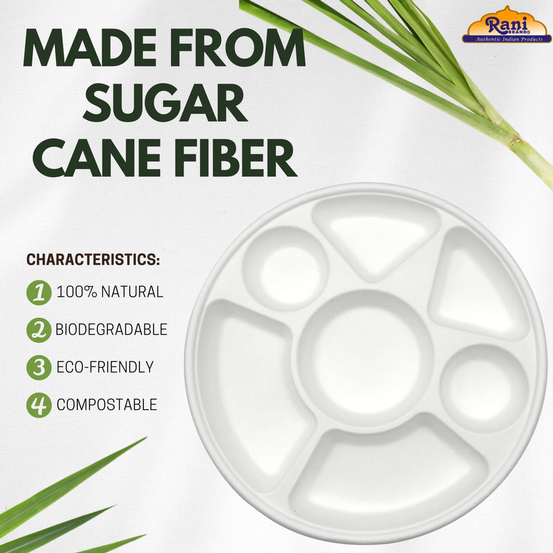 Rani 7 Compartment Round Biodegradable Divided Plates, Pack of 125 ~ Party, Thali, Buffet | Disposable & Eco-Friendly | Heavy-Duty Sturdy Paper Bagasse | Premium Quality | 11" Diameter, 1.38" Height