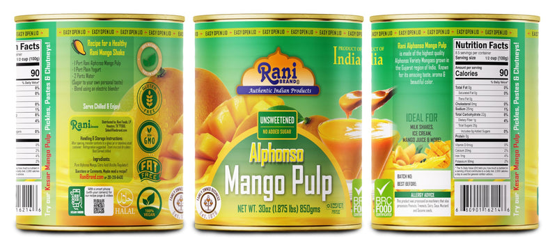 Rani Mango Pulp Puree (Makes Mango Lassi Shakes) Alphonso Unsweetened 30oz (1.875lbs) 850g Pack of 2 ~ Kosher | All Natural | NON-GMO | Vegan | No colors | Gluten Friendly | Indian Origin