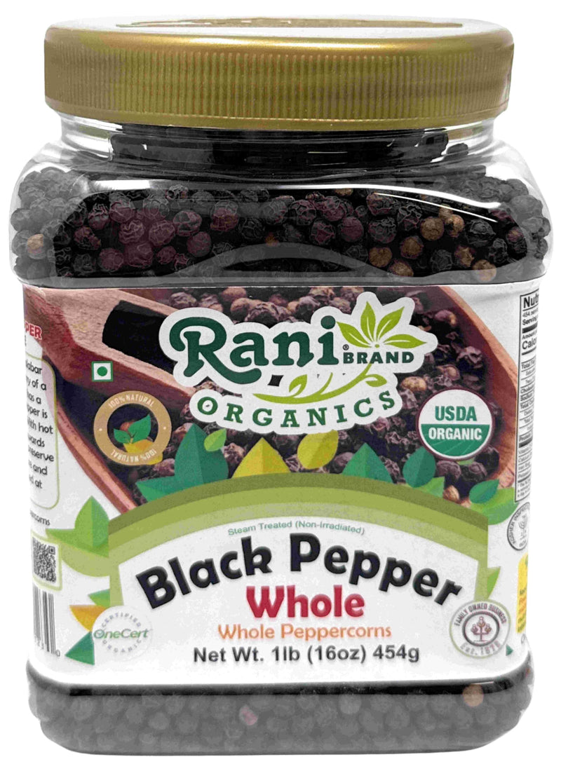 Rani Organic Black Pepper Whole (Peppercorns), Premium Bold Tellicherry Quality 16oz (1lb) 454g PET Jar ~ All Natural | Gluten Friendly | Non-GMO | USDA Certified Organic | Kosher | Product of Vietnam