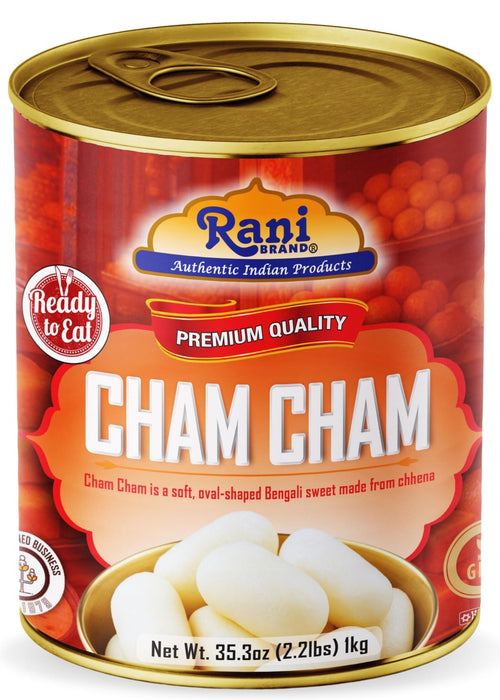 Rani Cham Cham (Oval-shaped Bengali Sweet) 35.3oz (2.2lbs) 1kg, Approximately 14 pieces, Easy Open Lid ~ Ready to eat | Gluten Free | Non-GMO | Kosher | Indian Origin
