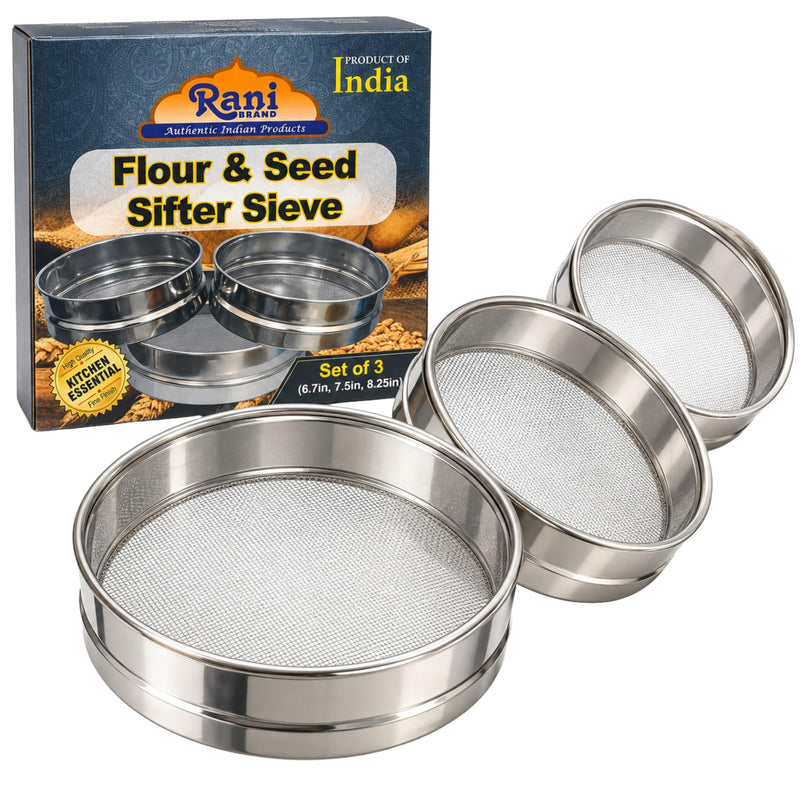 Stainless Steel Sieve ~ Set of 3 ~ for Flours, Seeds, Beans & Lentils - Sizes 6.7", 7.5", 8.25" by Rani Brand
