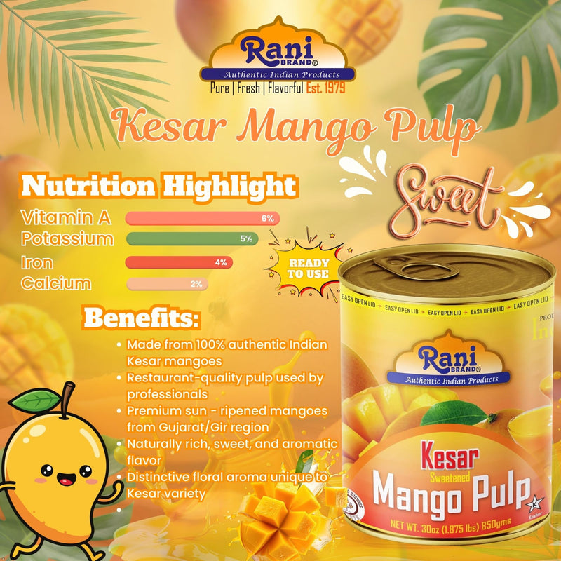 Rani Mango Pulp Puree (Kesar Sweetened) 30oz (1.875lbs) 850g Pack of 2 ~ Kosher | All Natural | NON-GMO | Vegan | No colors | Gluten Friendly