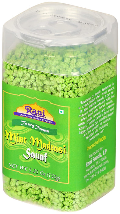 Rani Mint Madrasi Saunf 5.25oz (150g) Vacuum Sealed, Easy Open Top, Resealable Container ~ Indian Tasty Treats | Vegan | Gluten Friendly | NON-GMO | Indian Origin