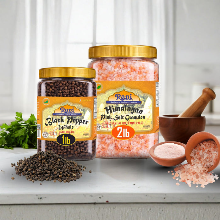 Rani Black Pepper Whole 16oz (1lb) 454g PET Jar & Himalayan Pink Salt Granules 32oz (2lbs) 908g PET Jar, Combo Pack, Perfect size for Grinders! ~ All Natural | Gluten Friendly | Non-GMO | Kosher