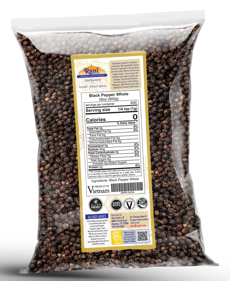 Rani Black Pepper Whole (Peppercorns), Premium Bold Tellicherry Quality 28oz (1.75lbs) 800g ~ All Natural | Gluten Friendly | Non-GMO | Kosher | Product of Vietnam | Perfect size for Grinders!