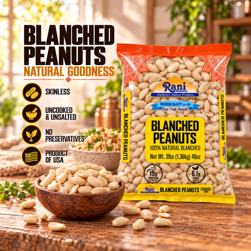 Rani Peanuts Skinless (Blanched, Uncooked) 48oz (3lbs) 1.36kg Bulk ~ All Natural | Vegan | Gluten Friendly | Kosher | Fresh Product of USA ~ Spanish Grade Groundnuts