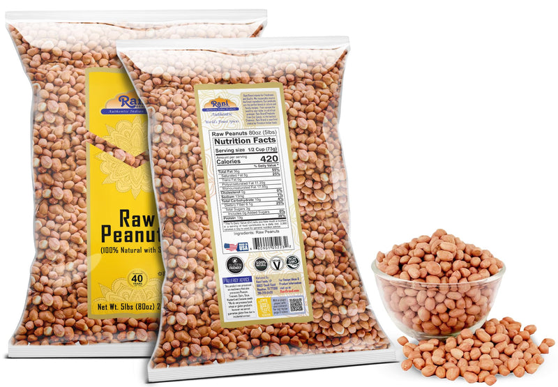 Rani Peanuts, Raw Whole With Skin (uncooked, unsalted) 80oz (5lbs) 2.27kg Bulk, Pack of 6 ~ All Natural | Vegan | Gluten Friendly | Fresh Product of USA ~ Spanish Grade Groundnut/Red-skin