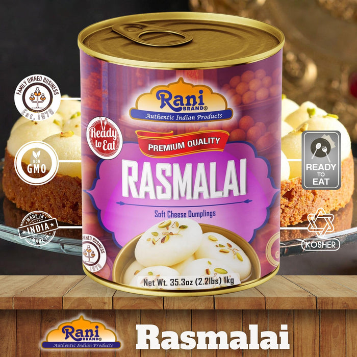 Rani Rasmalai (Soft Cheese Dumplings) 35.3oz (2.2lbs) 1kg, Pack of 2, Approximately 14 pieces, Easy Open Lid ~ Ready to eat | Gluten Friendly | Vegan | Non-GMO | Kosher | Indian Origin