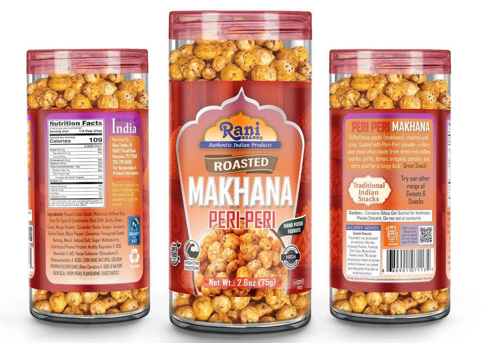 Rani Roasted Makhana (Fox Nut/Popped Lotus Seed) Peri Peri Flavor 2.6oz (75g) Ready to eat, Hand Picked Foxnuts ~ High in Protein | Vegan | Gluten Friendly | NON-GMO | Kosher | Indian Origin