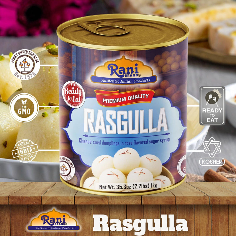 Rani Rasgulla (Cheese Curd Dumplings in Rose Flavor) 35.3oz (2.2lbs) 1kg, Pack of 2, Approximately 14 pieces, Easy Open Lid ~ Ready to eat | Gluten Friendly | Vegan | Non-GMO | Kosher | Indian Origin