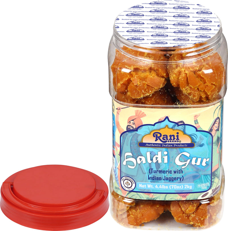 Rani Haldi Gur (Turmeric with Indian Jaggery) Indian Unrefined Raw Cane Sugar 70oz (4.4lbs) 2kg PET Jar ~ Gluten Friendly | Vegan | NON-GMO | Kosher | No Salt or fillers | Indian Product
