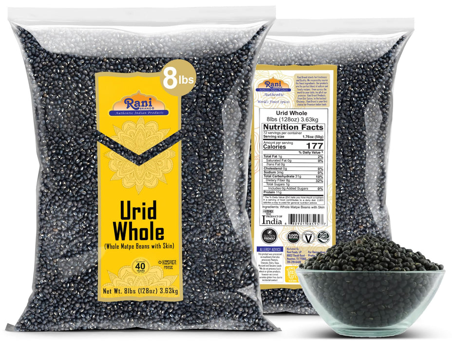 Rani Urid / Urad Whole Black (Matpe Beans) Lentils, 128oz (8lbs) 3.6kg Bulk ~ All Natural | Gluten Friendly | NON-GMO | Kosher | Vegan | Indian Origin