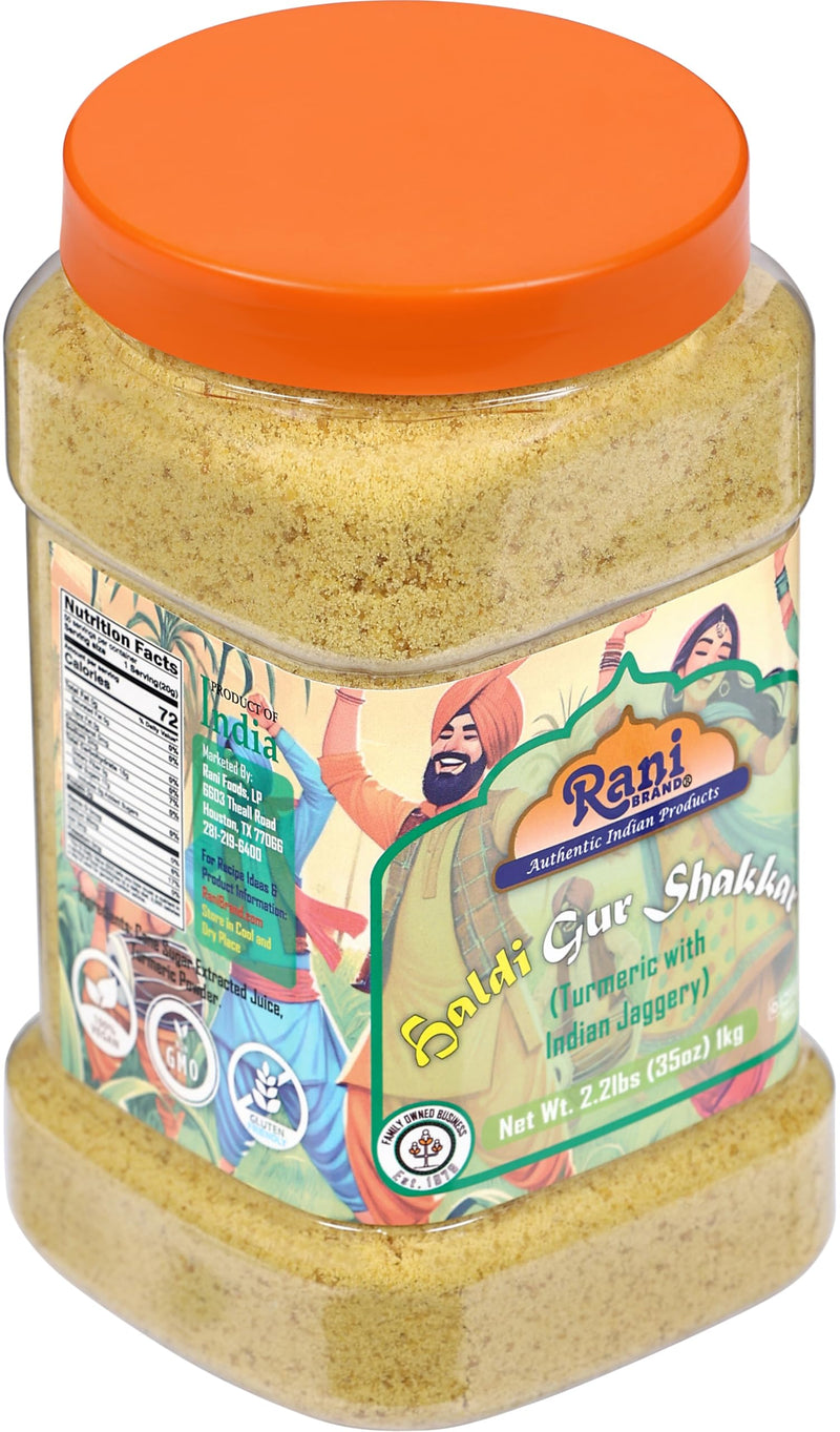 Rani Haldi Gur Shakkar (Turmeric with Indian Jaggery) Indian Unrefined Raw Cane Sugar 35oz (2.2lbs) 1kg PET Jar ~ Gluten Friendly | Vegan | NON-GMO | Kosher | No Salt or fillers | Indian Product