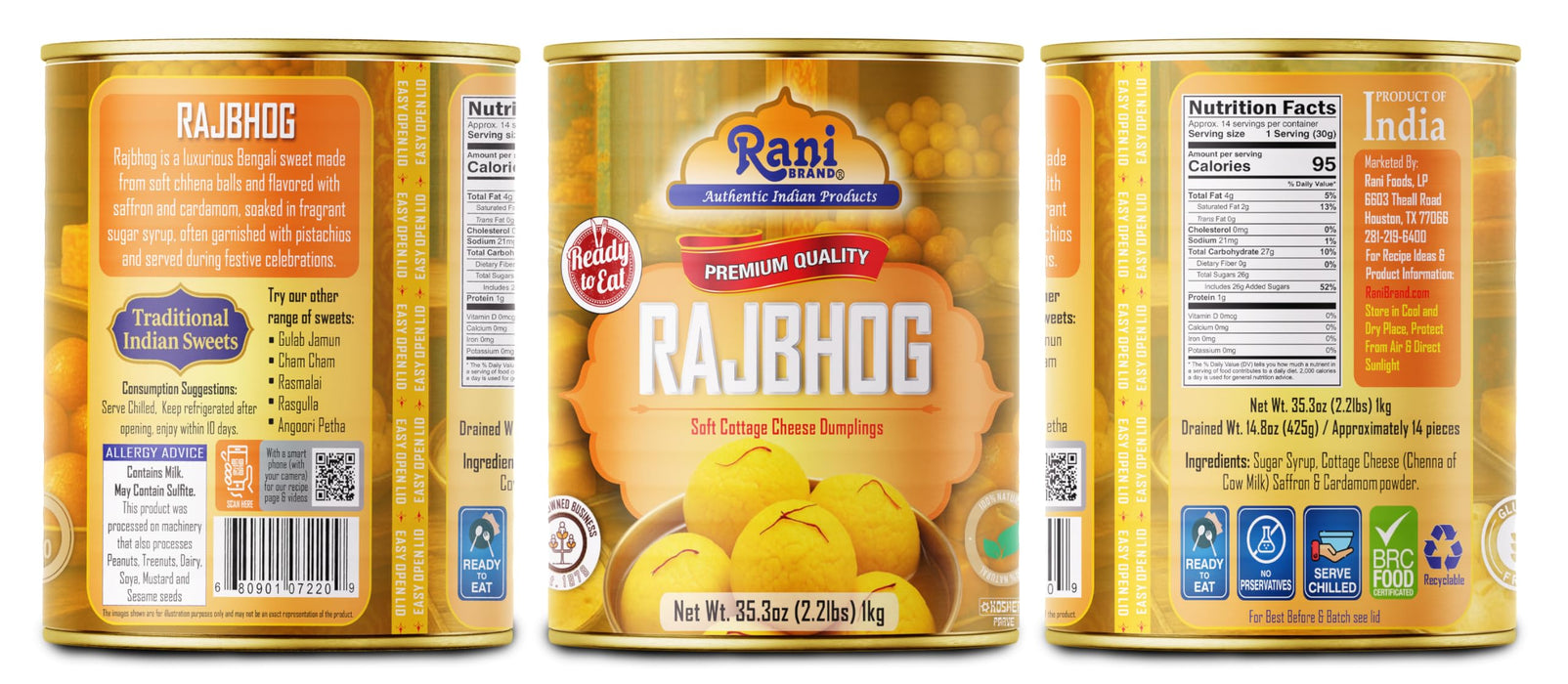 Rani Rajbhog (Soft Cottage Cheese Dumplings) 35.3oz (2.2lbs) 1kg, Approximately 14 pieces, Easy Open Lid ~ Ready to eat | All Natural | Gluten Free | Non-GMO | Kosher | Indian Origin