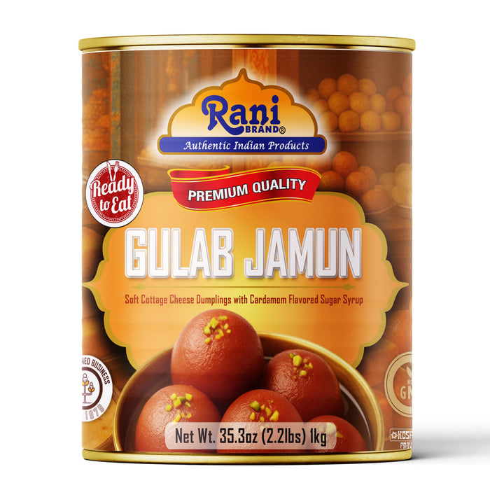 Rani Gulab Jamun Round (w/ Cardamom Flavored Sugar Syrup) 35.3oz (2.2lbs) 1kg, Pack of 6, Approximately 14 pieces, Easy Open Lid ~ Ready to eat | Vegan | Non-GMO | Kosher | Indian Origin