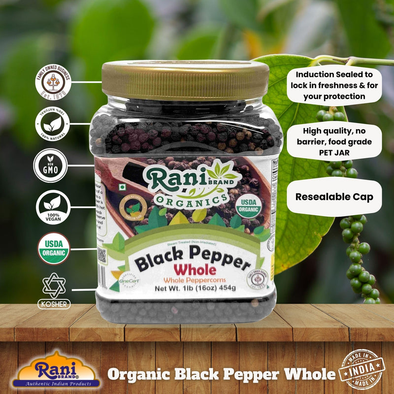 Rani Organic Black Pepper Whole (Peppercorns), Premium Bold Tellicherry Quality 16oz (1lb) 454g PET Jar ~ All Natural | Gluten Friendly | Non-GMO | USDA Certified Organic | Kosher | Product of Vietnam