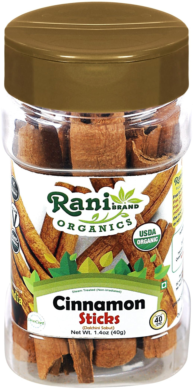 Rani Organic Cinnamon Sticks 1.4oz (40g) PET Jar - 7-9 Sticks - Strong Aroma, Perfect for Baking, Cooking & Beverages | 3+ Inches Length - Cassia Saigon Cinnamon from Vietnam | Kosher