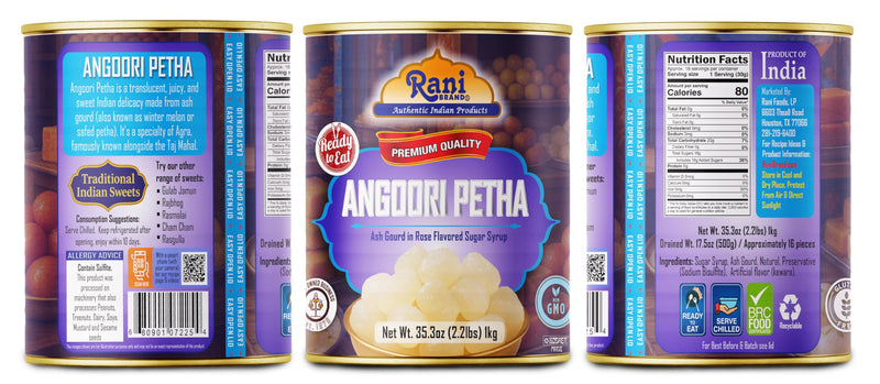 Rani Angoori Petha (Ash Gourd In Rose Flavored Sugar Syrup) 35.3oz (2.2lbs) 1kg, Pack of 2, Approximately 14 pieces, Easy Open Lid ~ Ready to eat | Gluten Free | Non-GMO | Kosher | Indian Origin