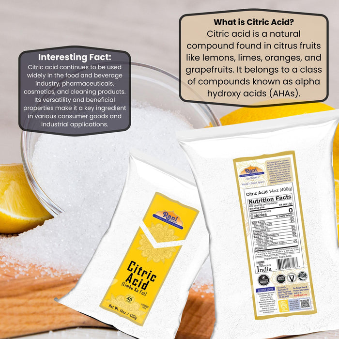 Rani Citric Acid Powder, Food Grade (Limbu Ka Ful) 14oz (400g) ~ Used for Cooking, Bath Bombs, Cleaning | Gluten Friendly | Indian Origin100g) ~ Used for Cooking, Bath Bombs, Cleaning | Gluten Friendly | Indian Origin