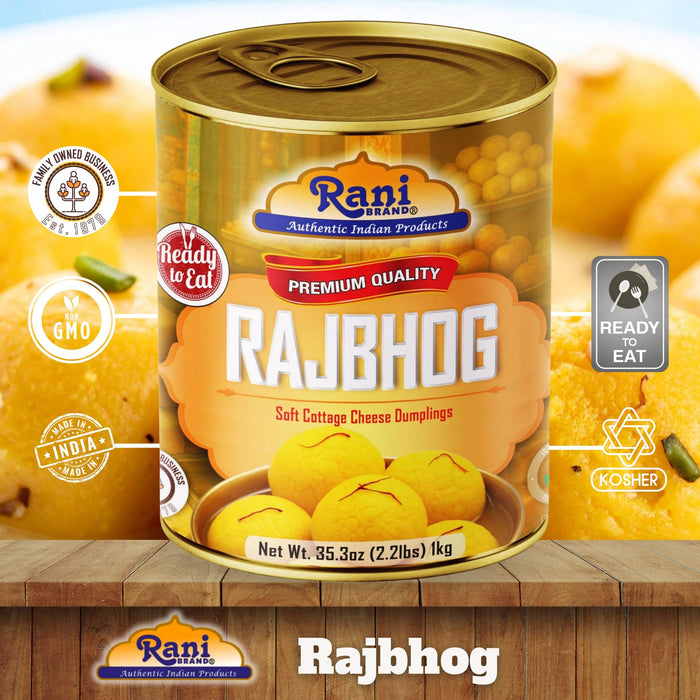 Rani Rajbhog (Soft Cottage Cheese Dumplings) 35.3oz (2.2lbs) 1kg, Pack of 6, Approximately 14 pieces, Easy Open Lid ~ Ready to eat | All Natural | Gluten Free | Non-GMO | Kosher | Indian Origin
