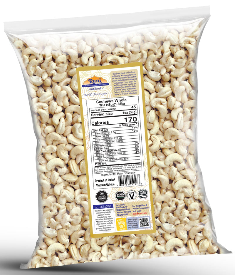 Rani Raw Cashews Whole (uncooked, unsalted) 48oz (3lbs) 1.36kg Bulk ~ All Natural, No Preservatives | Vegan | NON-GMO | Kosher | Gluten Friendly