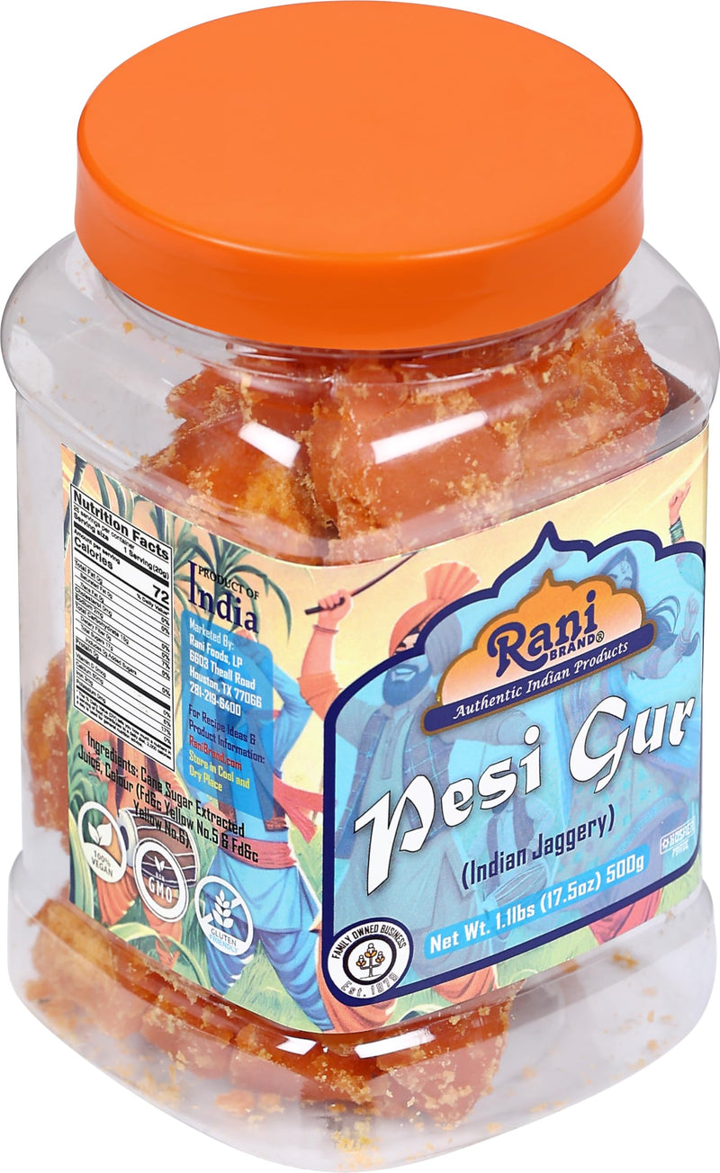Rani Pesi Gur (Jaggery) Indian Unrefined Raw Cane Sugar 17.5oz (1.1lbs) 500g PET Jar ~ Gluten Friendly | Vegan | NON-GMO | Kosher | No Salt or fillers | Indian Product
