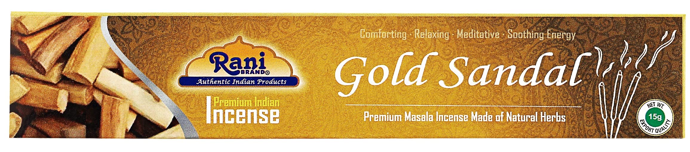 Rani Gold Sandal Incense (Premium Masala Incense Made of Natural Herbs) 15g x 10 Packets ~ Total of 100 Incense sticks | For Puja Purposes | Indian Origin