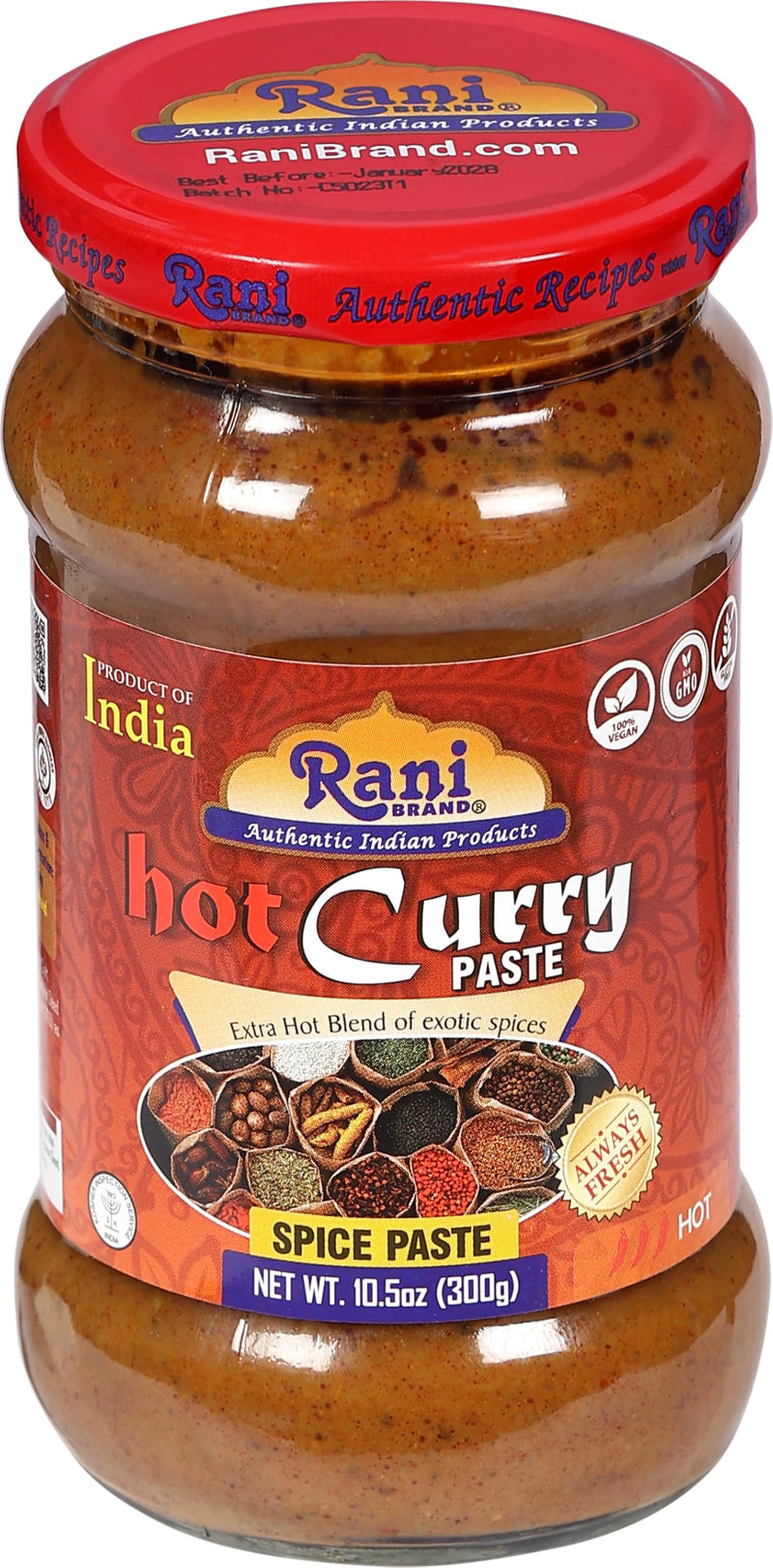 Rani Curry Paste HOT (Spice Paste) 10.5oz (300g) Glass Jar ~ No Colors | All Natural | NON-GMO | Kosher | Vegan | Gluten Free | Indian Origin