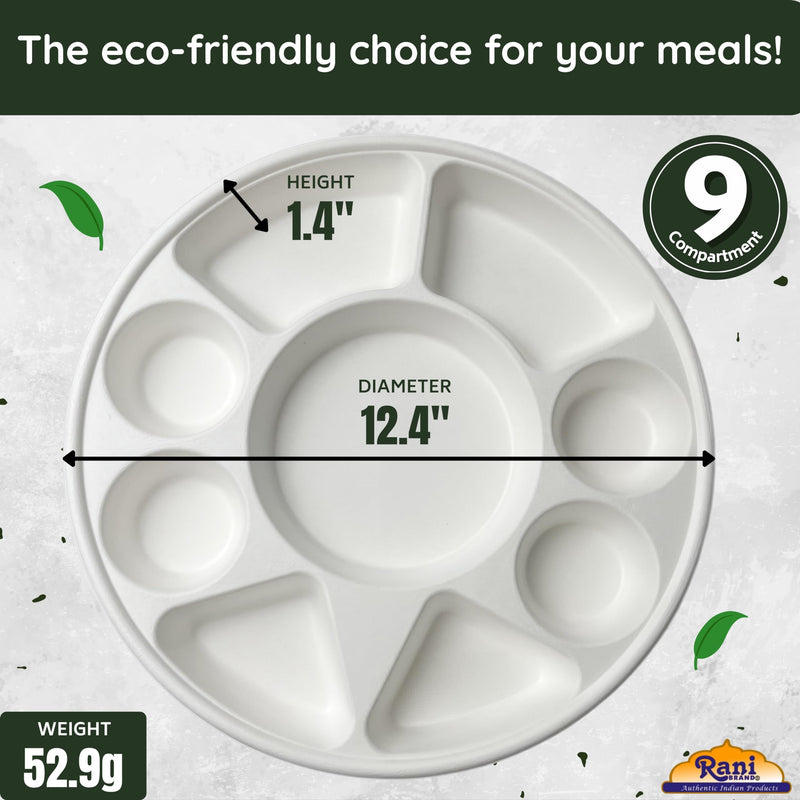 Rani Round Biodegradable Divided Plates, Pack of 200, 9 Compartments ~ Disposable & Eco-Friendly | 12.44" Diameter, 1.38" Thickness | Heavy-Duty and Sturdy Disposable Bagasse Plates | Premium Quality