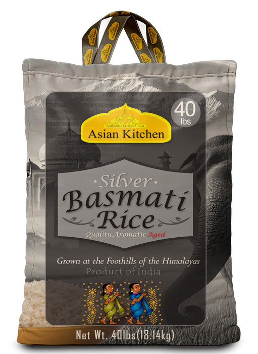 Asian Kitchen Silver White Basmati Rice Aged 40lbs (18.18kg) ~ All Natural | Gluten Friendly | Vegan | Indian Origin | Export Quality