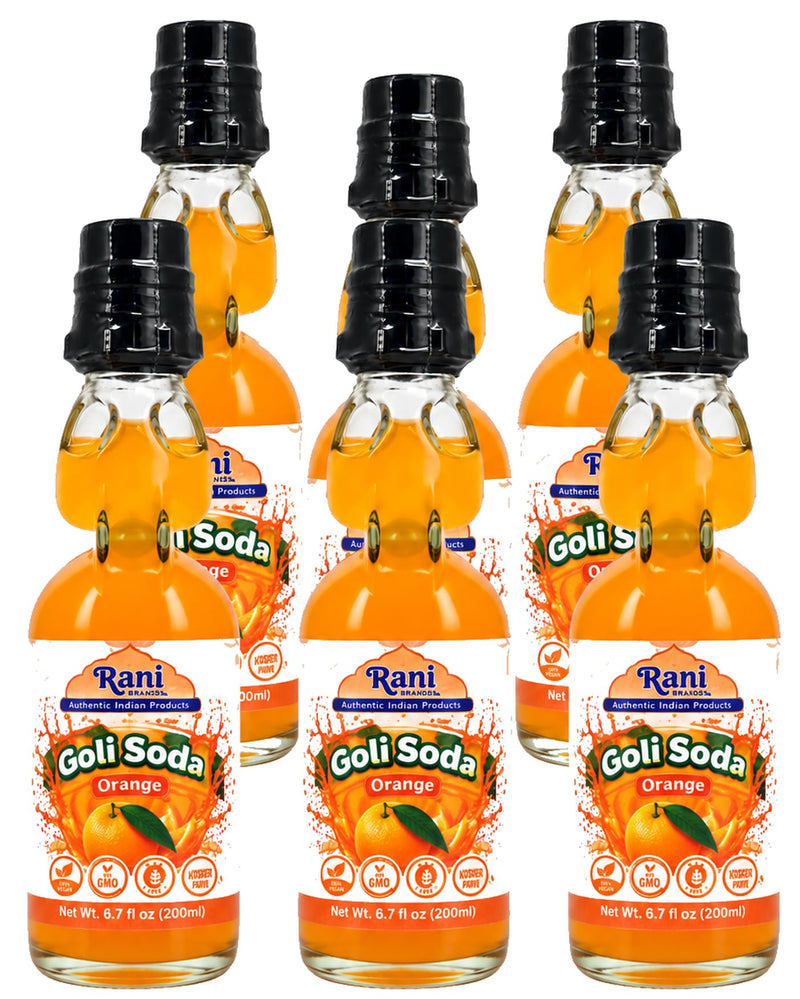 Rani Orange Goli Soda 6.7 fl oz (200 ml) Glass Bottle with Marble Seal, Pack of 6 ~ Vegan | Gluten Free | Non-GMO | Indian Origin