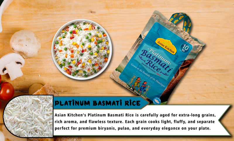 Asian Kitchen Platinum White Basmati Rice Extra Long Aged 10lbs (4.54kg) ~ All Natural | Vegan | Gluten Friendly | Indian Origin