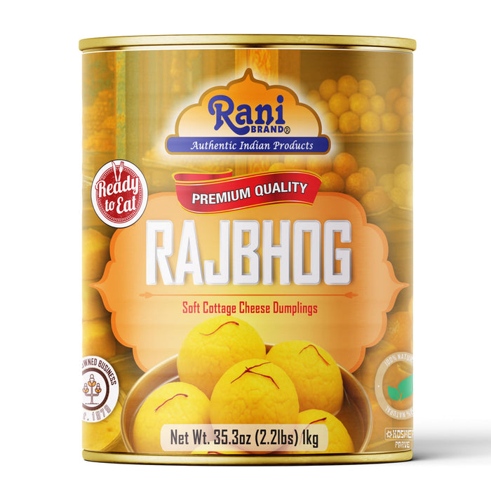 Rani Rajbhog (Soft Cottage Cheese Dumplings) 35.3oz (2.2lbs) 1kg, Approximately 14 pieces, Easy Open Lid ~ Ready to eat | All Natural | Gluten Free | Non-GMO | Kosher | Indian Origin
